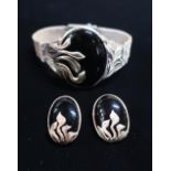 Art Nouveau style Sterling silver bracelet and earring set with onyx and silver foliage centre and