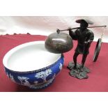C20th patinated Spelter table gong and bell in the form a Chinese peasant H23cm, and an early