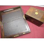 Victorian brass inlaid mahogany writing box (lacking interior) and a similar writing box with
