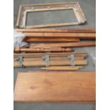 Stained pine and beech half tester bedstead, with moulded cornice and square column supports