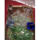 Two 1930's moulded green glass dressing table sets, "Ovaltine" mixer and other decorative glassware
