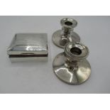 Pair of hallmarked silver candlesticks, Birmingham, 1919 and hallmarked silver covered cigarette