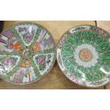 C20th Chinese famille rose charger, panels decorated with flowers and interior scenes D34cm and