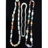 Polished hardstone beaded necklace L54cm, another similar mother of pearl and abalone beaded