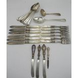 Set of six dessert knife and forks with Mother of Pearl handles and hallmarked silver collars, three