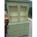 Late C19th pine kitchen cabinet with two glazed doors above three drawers with turn wooden handles