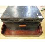 Jappaned metal strong box and a lap desk with tambour front (2)