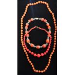 Single string of graduated red malachite beads L39cm, single string carnelian bead necklace L78cm