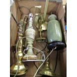 C20th Celadon pottery table lamp base H38cm, onyx table lamp H44cm, five brass table lamps