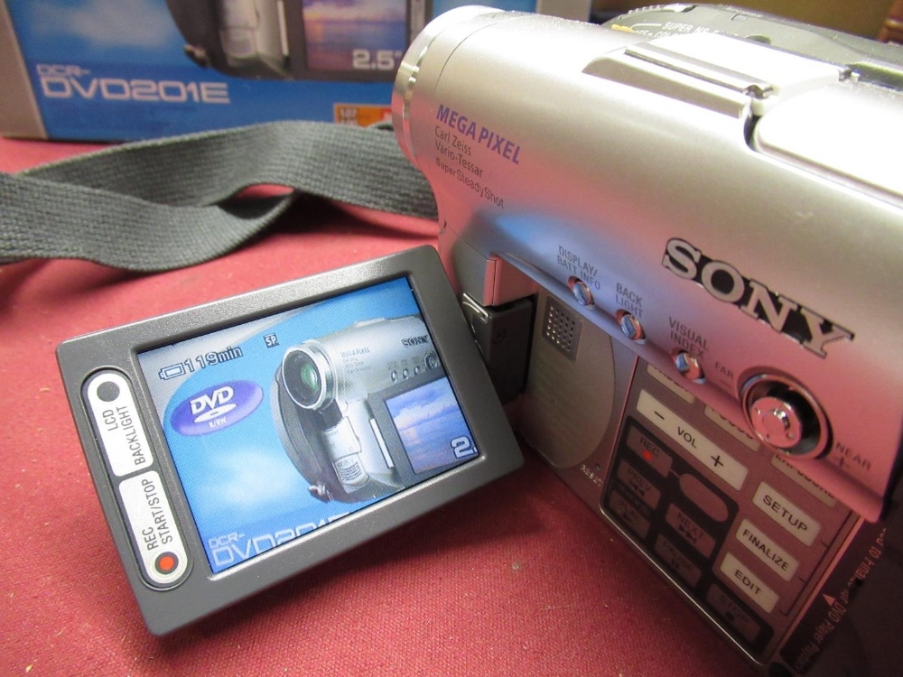 Sony DVD 201E DVD camcorder with box, charger, case etc, and a Nikon Lite Touch zoom 120 35mm camera - Image 3 of 4