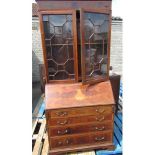 Edwardian satin wood cross banded and strung mahogany bureau bookcase with swan neck pediment and
