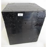 Black painted wooden bound deed box with metal strap work detail and twin carrying handles H42cm