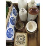 Early C20th Dunstans oak tea tray set with blue and white tiles and copper handles, four glazed