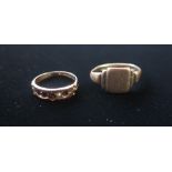 Hallmarked 9ct gold signet ring stamped 375 Size O and a another 9ct gold ring set with sea pearl