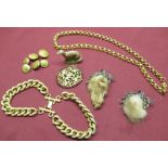 Givenchy gold plated necklace, Monet gold plated flat curb link bracelet, two rabbit fur broaches