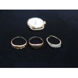 18ct gold half hoop eternity ring (AF missing most stones), 18ct gold three stone diamond ring (AF