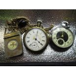 Liga, Swiss. Brass full hunter keyless 4 pin set pocket watch, two Ingersoll pocket watches,