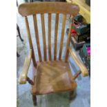 Victorian slat back Windsor arm chair on turned supports, two Victorian beech kitchen stools on
