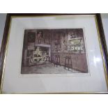 Tim Slatter (British Contemporary): "The Kings Arms Bar Askrigg", limited edition coloured etching