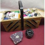 Wooden cantilever sewing box with contents, an amethyst tea light holder, Parlane large glass