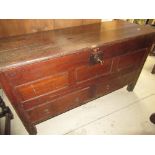 C19th stained as oak pine mule chest, hinged top above three faux and two real drawers, with