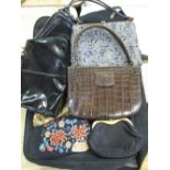 Selection of ladies handbags, woven designs, alligator skin handbag, patent leather type handbag,