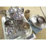 Four piece silver plated tea set, early 20th C silver plated cream jug, sugar basin and other plated