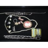 Graduated pearl necklace, fishhook clasp stamped Silver, a cameo brooch, collection of collar studs,