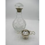 Cut glass decanter with hallmarked silver collar London, 1996 and a modern hallmarked silver tea
