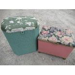 Lusty Lloyd Loom D shaped linen basket, and similar rectangular stool, both with upholstered tops