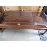 1970's Myers teak long john coffee table with inset smoked plate glass top magazine shelf below W112