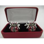 Pair of silver and enamel ladybird cufflinks set with marcasites and rubies stamped 925