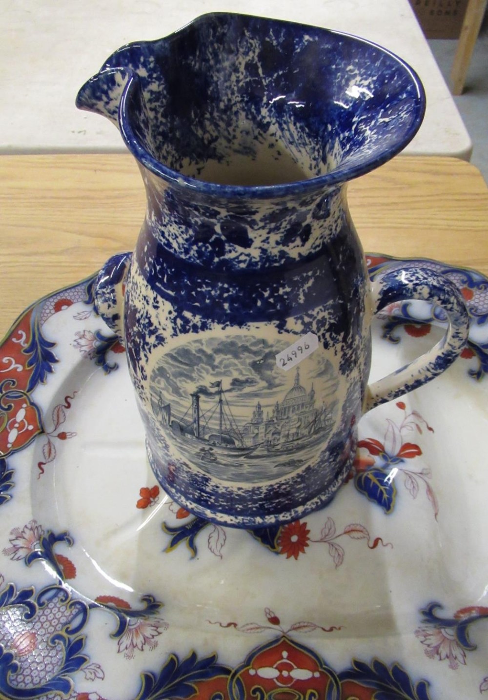 C19th Imari Pattern meat dish with moulded drainer and a C20th Sponge Ware jug decorated with scenes