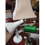 Bankers style brass lamp, white angle poise lamp, and a Corinthian column brass table lamp (3)