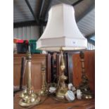 Dutch style brass table lamp with cream shade 60cm, a pair of fluted column brass table lamps, and