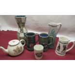 Various ceramics including: Austrian cream and brown vase, Bourne Denby jug, Holkman tankard, etc
