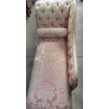 Victorian style chaise longue, button scroll back and upholstered in pink demask brass W160cm
