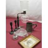 Cona mid C20th coffee maker, Whitefriars style trinket dish, C19th pewter tankard, pair of ebony