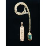 Yellow metal drop pendant with Egyptian Hieroglyphics and yellow metal necklace L56cm with Scarab