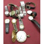 Elgin rolled gold Hunter pocket watch, Ogival 1950's mechanical wristwatch, and eleven Red Herring