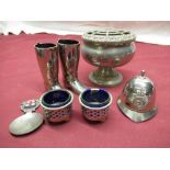 Small selection of sliver plated items including: Police helmet bell, riding boots, pair of salts (1