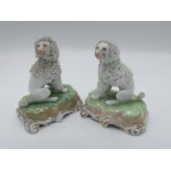 Pair of 20th century Dresden porcelain models of Poodles seated on cushions, scroll bases with