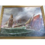 A.W. Campion (British C20th): Brixham Fishing Boats with a Steam Ship in a heavy swell, oils on