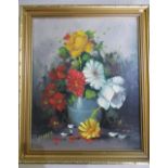 Ferrer (C20th): Still life of Daisies and Roses in a blue vase, oil on board, signed, 26cm x 21cm