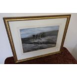 Framed and mounted watercolour of horses ploughing by E. Pmellhenney (58cm x 47cm)