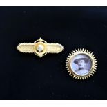 15ct gold and Diamond bar brooch stamped 15ct, 6.5g and another brooch with portrait
