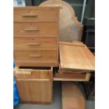 Unusual pitch pine partners desk, shaped inset top with two banks of four drawers on a plinth base