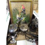 Four piece Walker & Hall silver plated tea set, and two overpainted prints etc