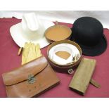 C20th black felt bowler hat size 7, cream felt Stetson, early C20th tan leather collar box