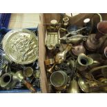Collection of brass and copper ware including: bells, candle sticks, poesy vases, etc (two boxes)